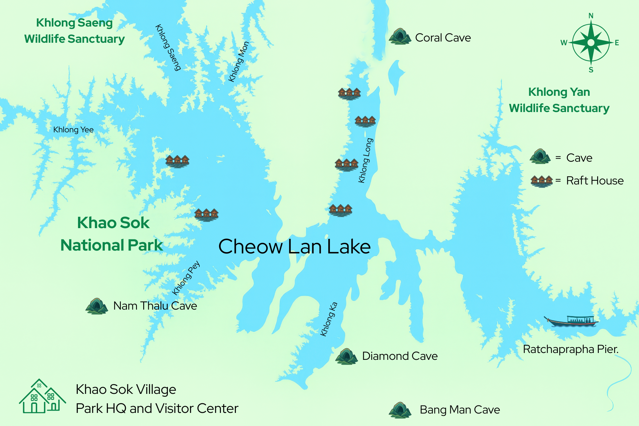 Map of Cheow Lan Lake showing Raft Houses, Ratchaprapha pier, Caves and other points of interest.