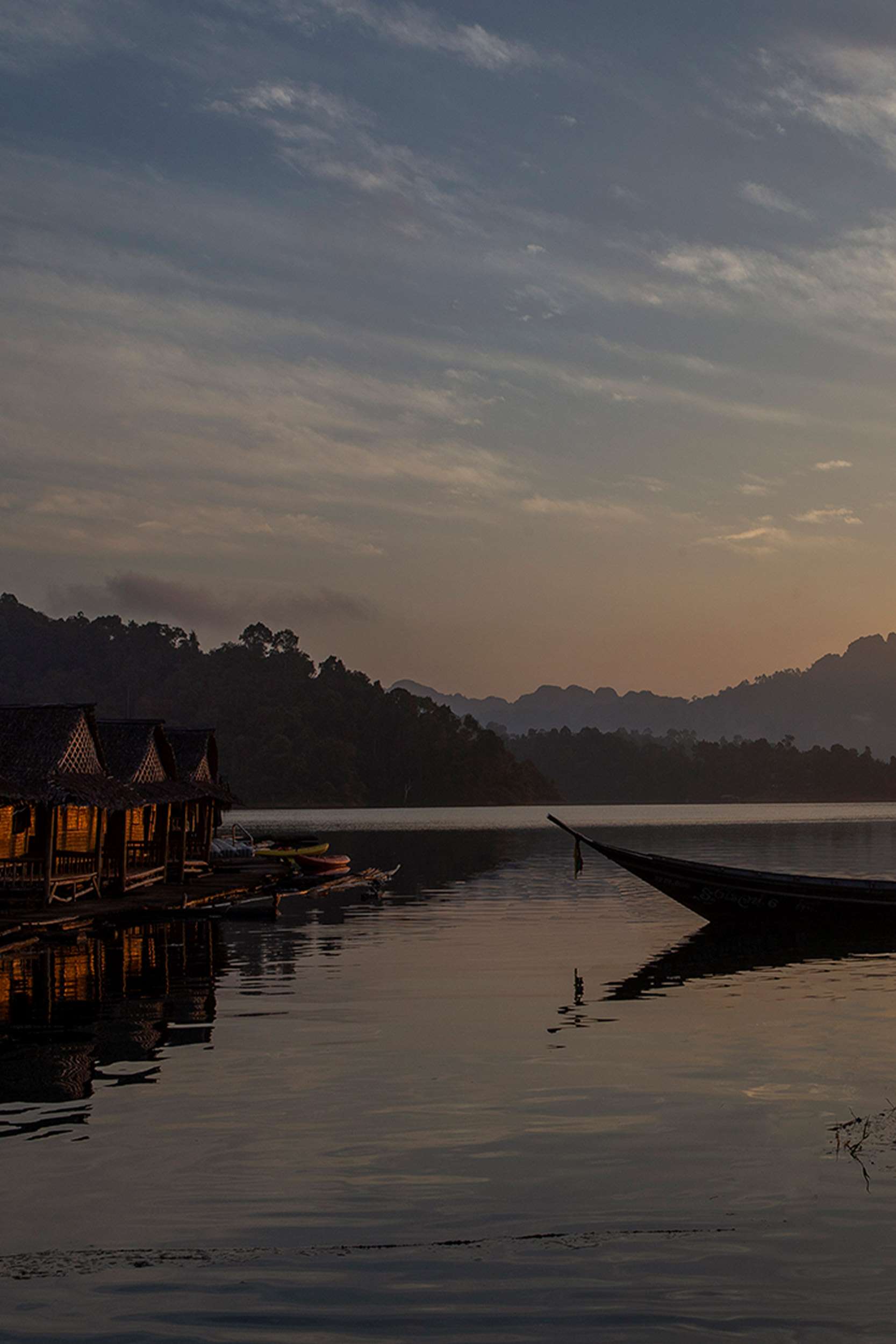 Raft houses at sunset