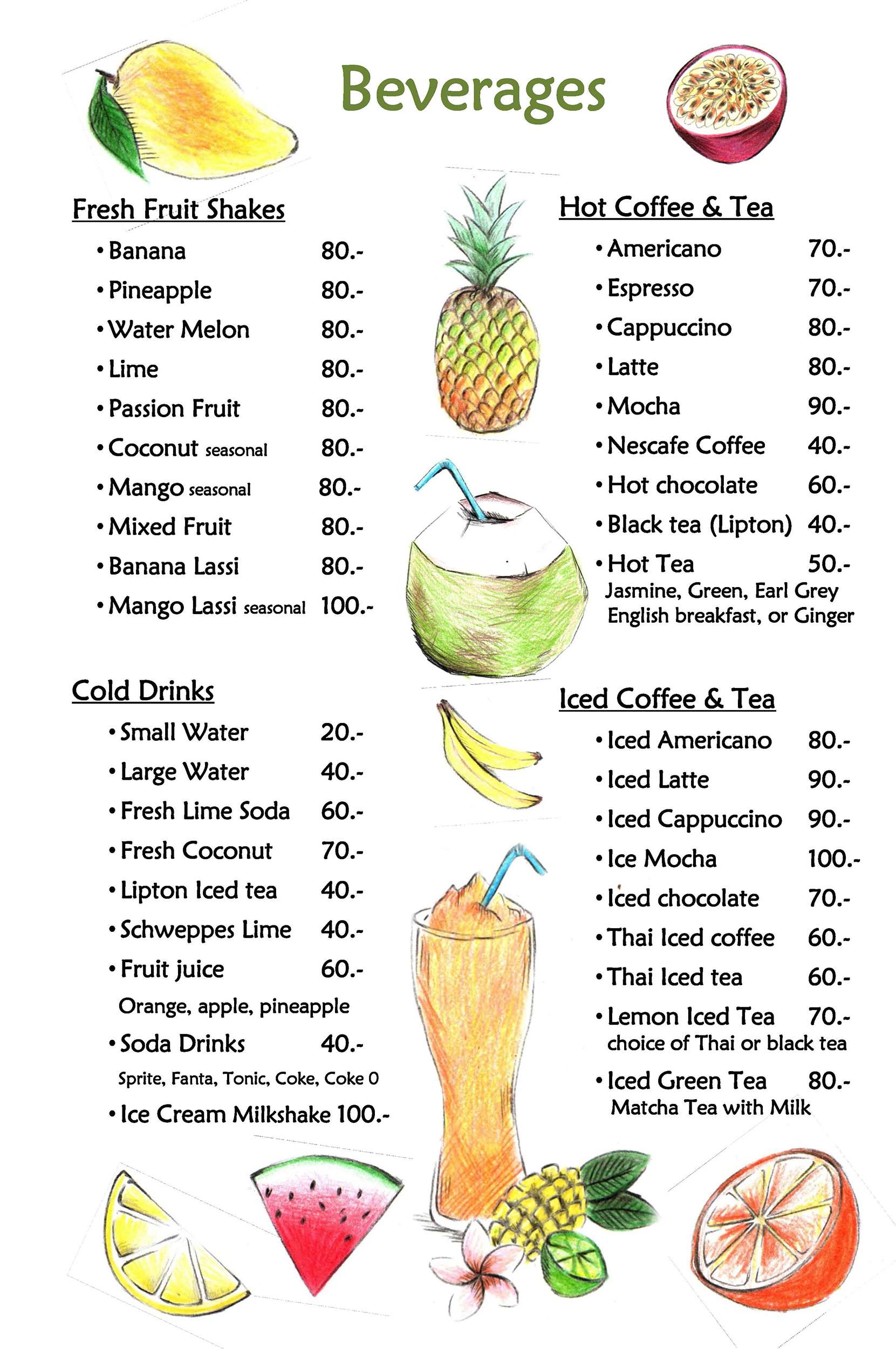 Khao Sok Riverside Cottages menu – beverages and fruit shakes
