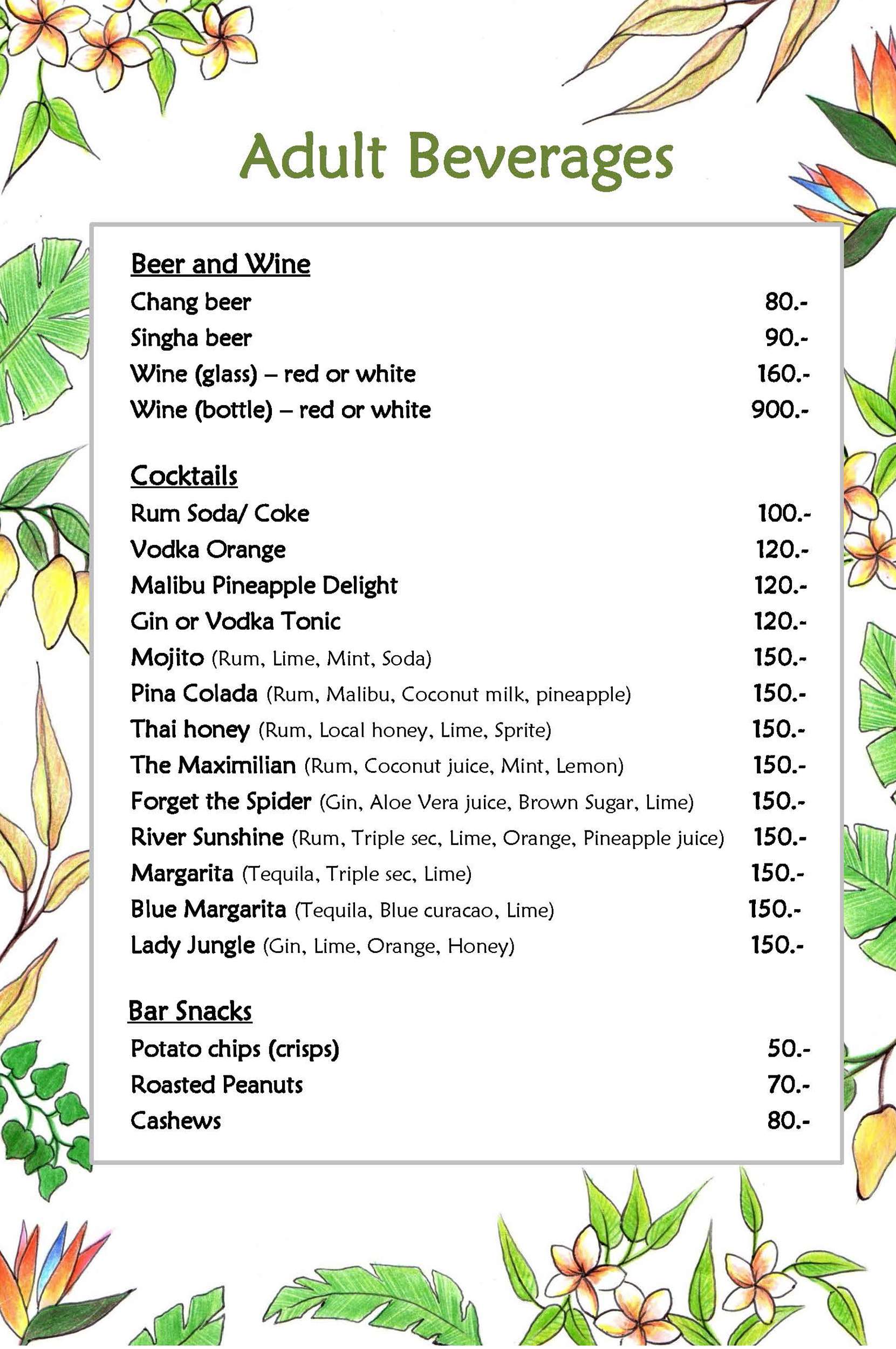 Khao Sok restaurant menu – drinks and cocktails