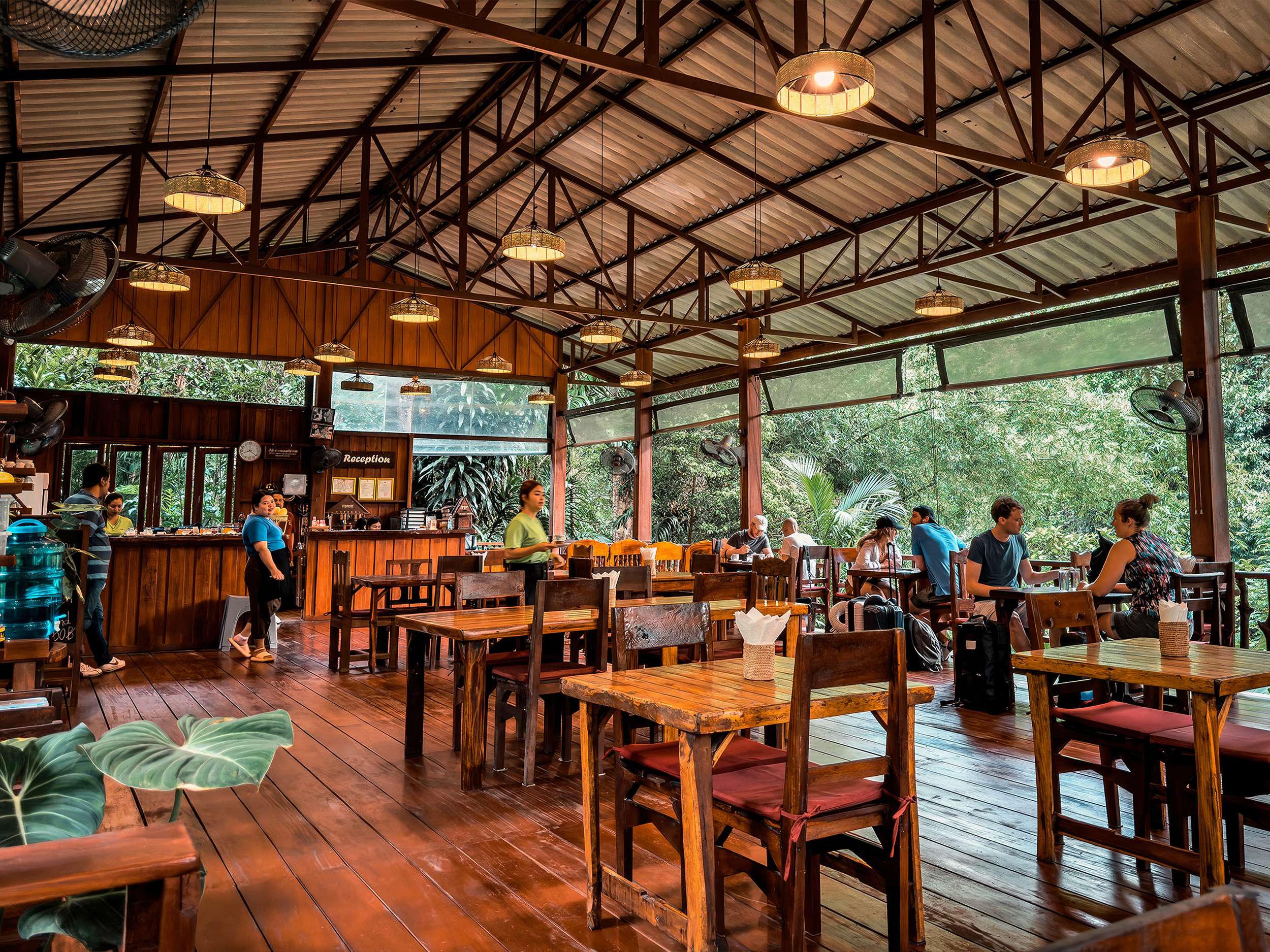 View across the Riverside Cottages restaurant towards the reception desk