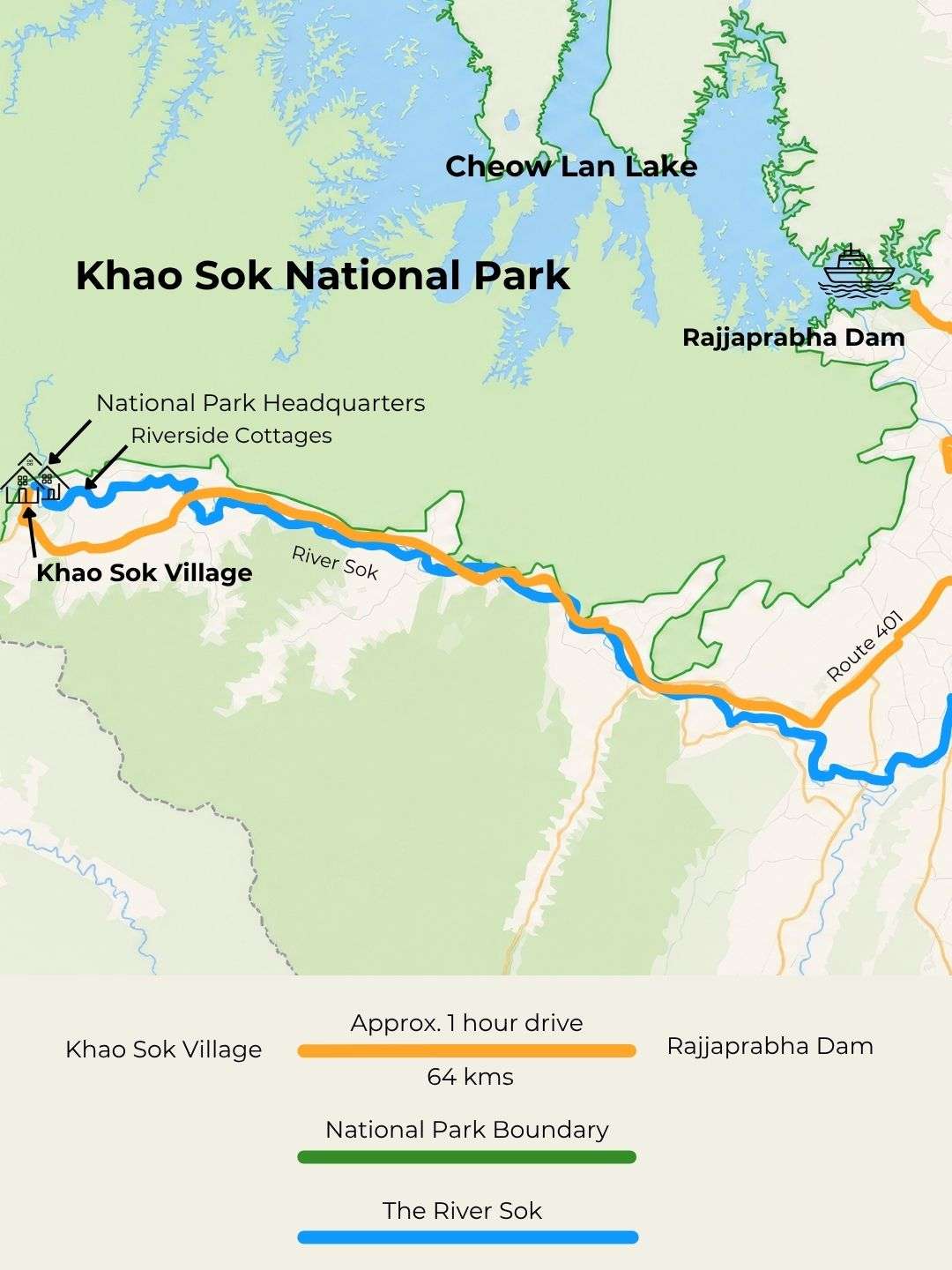 Map showing how far Khao Sok village is from Rajjaprabha Dam, the gateway to Cheow Lan lake - mobile version