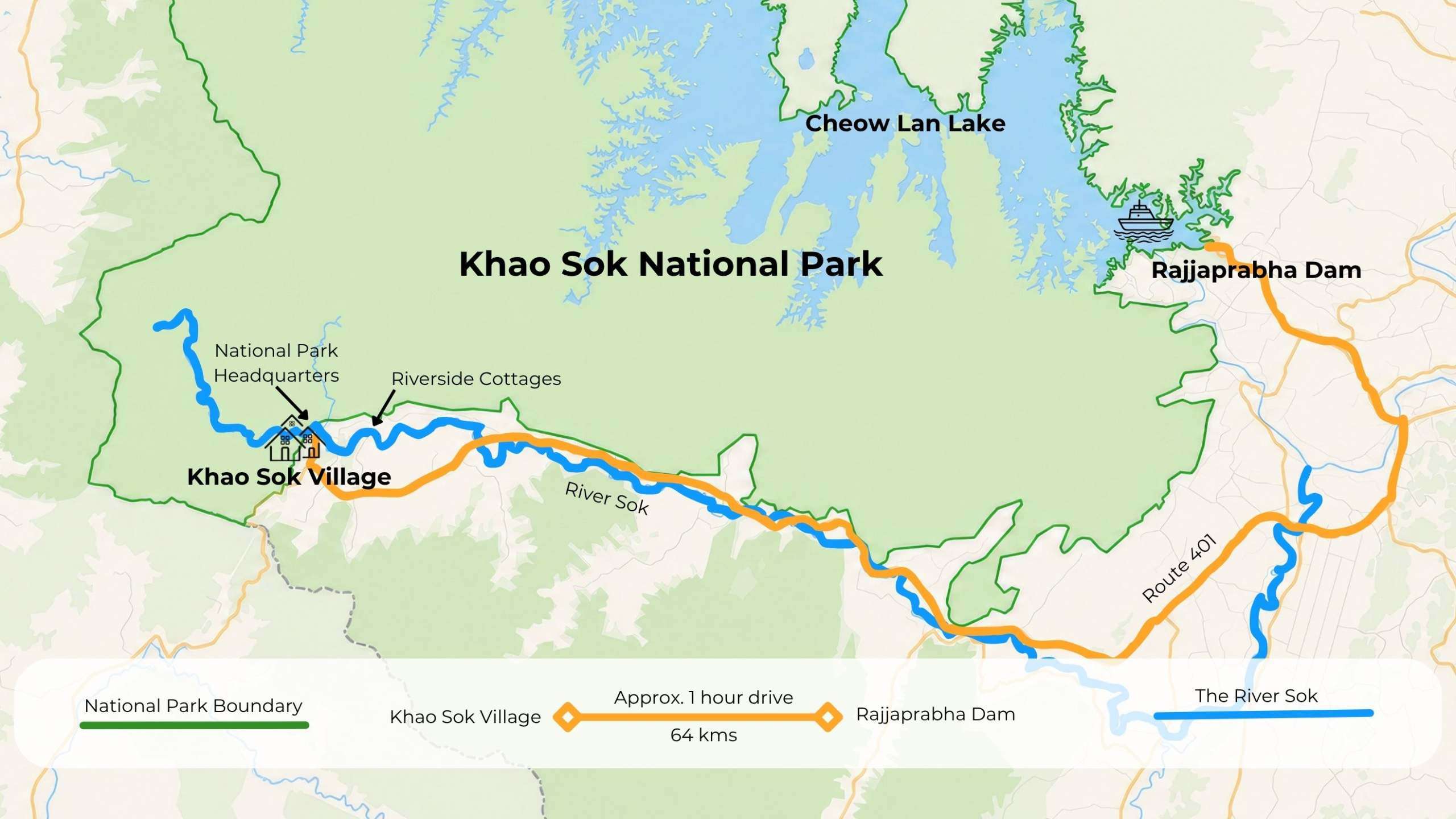 Map showing how far Khao Sok village is from Rajjaprabha Dam, the gateway to Cheow Lan lake